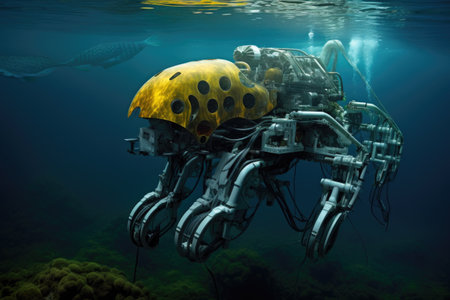 biohybrid robot underwater exploring marine life, created with generative aiの素材