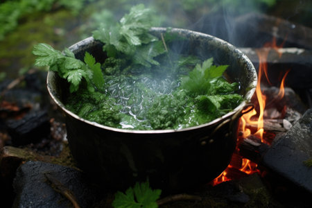 boiling water with nettle leaves in a pot over fire, created with generative aiの素材