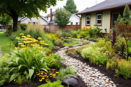 rain garden with native plants and pebbles, created with generative aiの素材