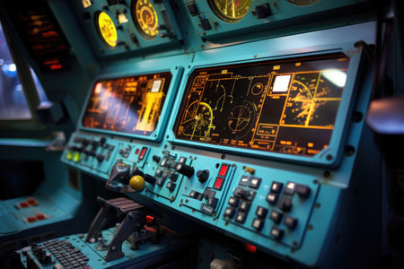 close-up of futuristic aerospace control panels, created with generative aiの素材