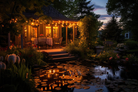 pond lighting setup for a serene evening ambiance, created with generative aiの素材