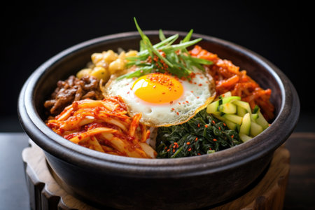 korean bibimbap in a hot stone bowl with kimchi, created with generative aiの素材