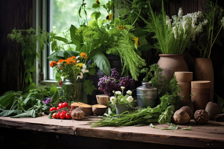 edible plants and herbs on a wooden surface, created with generative aiの素材