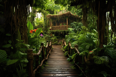 wooden walkway weaving through lush foliage, created with generative aiの素材