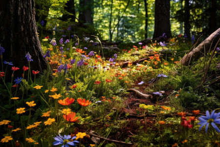 forest floor carpeted with colorful wildflowers, created with generative aiの素材