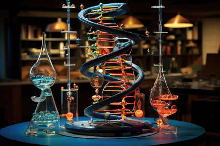 dna helix model surrounded by lab equipment, created with generative aiの素材