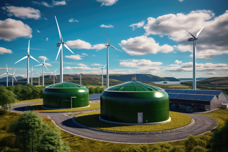 green hydrogen storage tanks with renewable energy symbols, created with generative aiの素材