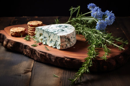 cedar plank with blue cheese on a rustic wooden table, created with generative aiの素材