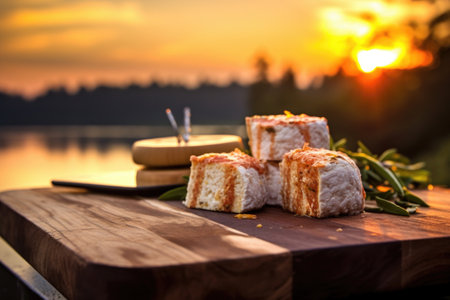 ricotta cheese grilling on cedar plank at sunset, created with generative aiの素材