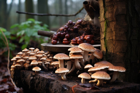 homegrown shiitake mushrooms on oak logs, created with generative aiの素材