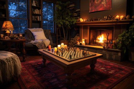board games on a cozy rug near fireplace, ready for a night in, created with generative aiの素材