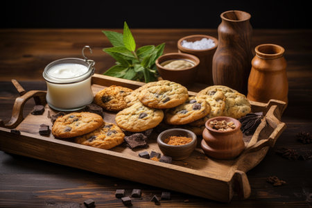 homemade cookies on a rustic wooden tray, created with generative aiの素材