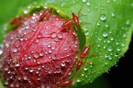 close-up of aphids on a rose leaf, created with generative aiの素材