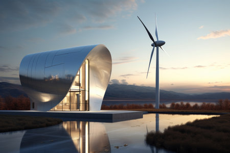 wind turbine integrated into modern architecture, created with generative aiの素材