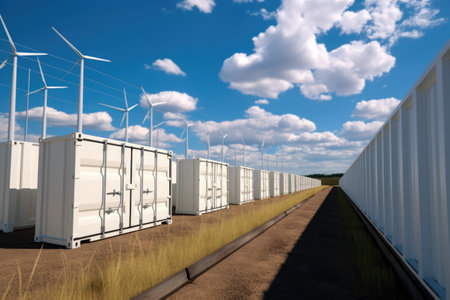 rows of high-capacity energy storage containers, created with generative aiの素材