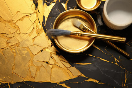 close-up of kintsugi gold powder and tools, created with generative aiの素材