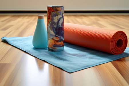 rolled-up yoga mat with a water bottle and towel ready for practice, created with generative aiの素材