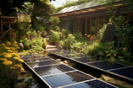 solar panels integrated into a garden landscape, created with generative aiの素材