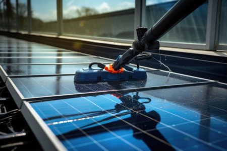 close-up of solar panels on a rooftop during cleaning, created with generative aiの素材