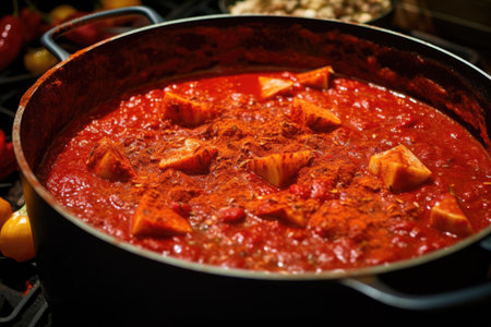 close-up of crushed tomatoes and spices simmering, created with generative aiの素材