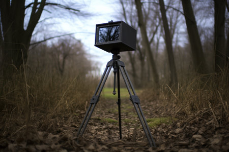 pinhole camera assembled on tripod in nature, created with generative aiの素材