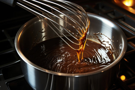 whisk stirring melted chocolate in a saucepan on stovetop, created with generative aiの素材