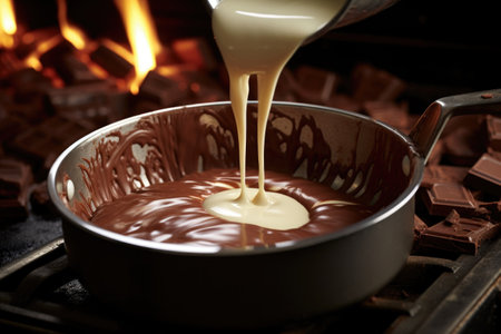 close-up of chocolate melting into warm milk, created with generative aiの素材