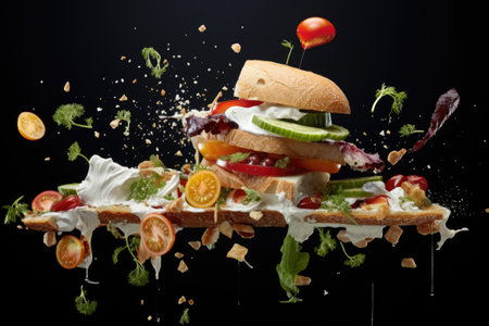 deconstructed sandwich with ingredients floating mid-air, created with generative aiの素材