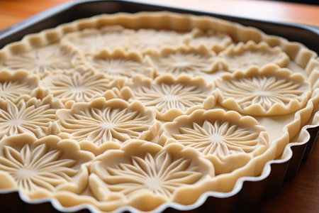 pie crust with decorative edges on baking sheet, created with generative aiの素材
