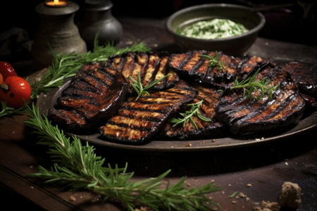 roasted eggplants with charred skin and smoky aroma, created with generative aiの素材