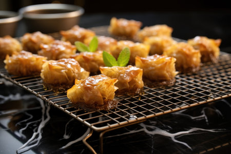golden brown baklava cooling on a wire rack, created with generative aiの素材