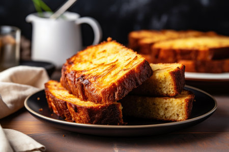 close-up of sliced banana bread on a plate, created with generative aiの素材