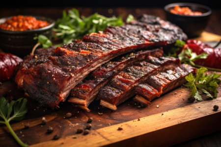 close-up of seasoned raw bbq ribs on board, created with generative aiの素材