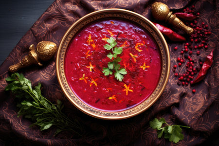 top view of vibrant beetroot soup in a bowl, created with generative aiの素材