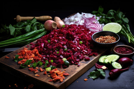 chopped beetroot and fresh veggies on board, created with generative aiの素材