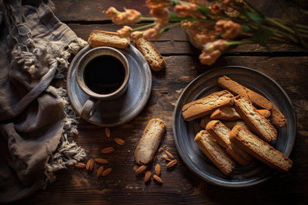 overhead view of biscotti and coffee on rustic table, created with generative aiの素材