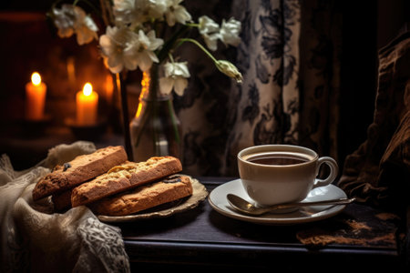 biscotti and a steaming cup of coffee on a cozy table, created with generative aiの素材