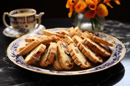 sliced biscotti arranged on a stylish serving plate, created with generative aiの素材