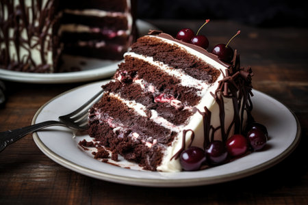 close-up of cherry filling between cake layers, created with generative aiの素材
