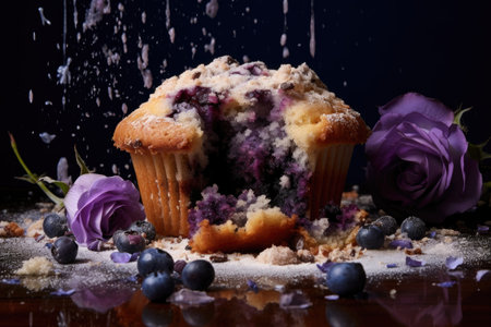 blueberry muffin with a bite taken, crumbs around, created with generative aiの素材