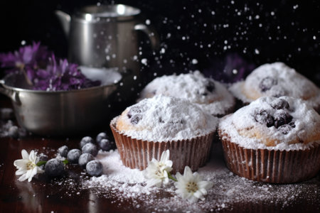 blueberry muffins with powdered sugar dusting, created with generative aiの素材