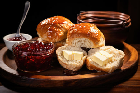 sliced bread rolls with butter and jam, created with generative aiの素材
