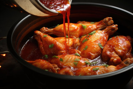 fresh buffalo wings marinating in spicy sauce, created with generative aiの素材