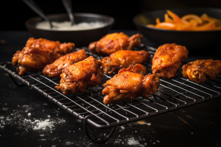crispy buffalo wings on cooling rack, created with generative aiの素材