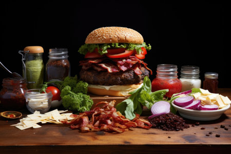 assembling burger: layers of ingredients, created with generative aiの素材