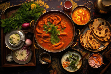 top view of a butter chicken feast on table, created with generative aiの素材