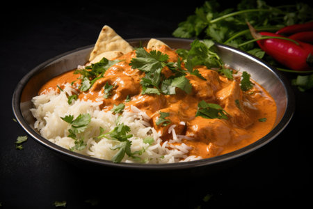 butter chicken served over steamed rice, created with generative aiの素材