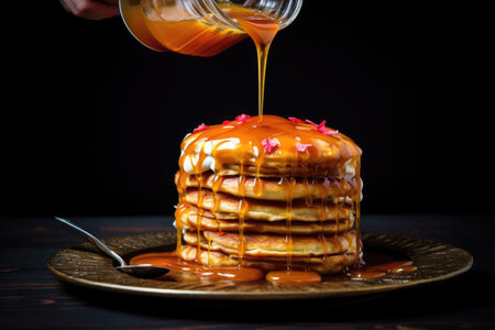 caramel sauce pouring over a stack of pancakes, created with generative aiの素材