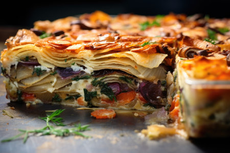 close-up of a perfectly sliced casserole piece, created with generative aiの素材