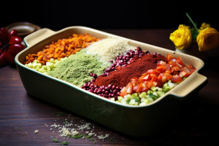 baking dish filled with raw casserole ingredients, created with generative aiの素材